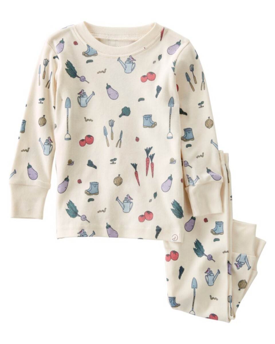 Pijama dos piezas de algodón orgánico, remera y pantalón, diseño huerto 