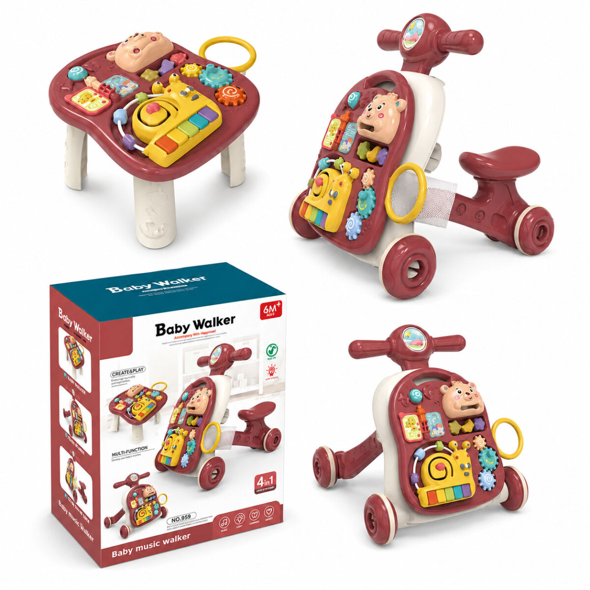 Andador Musical Bebé 4 En 1 Luces Y Sonidos Mesa Didáctica - Rosa Viejo 