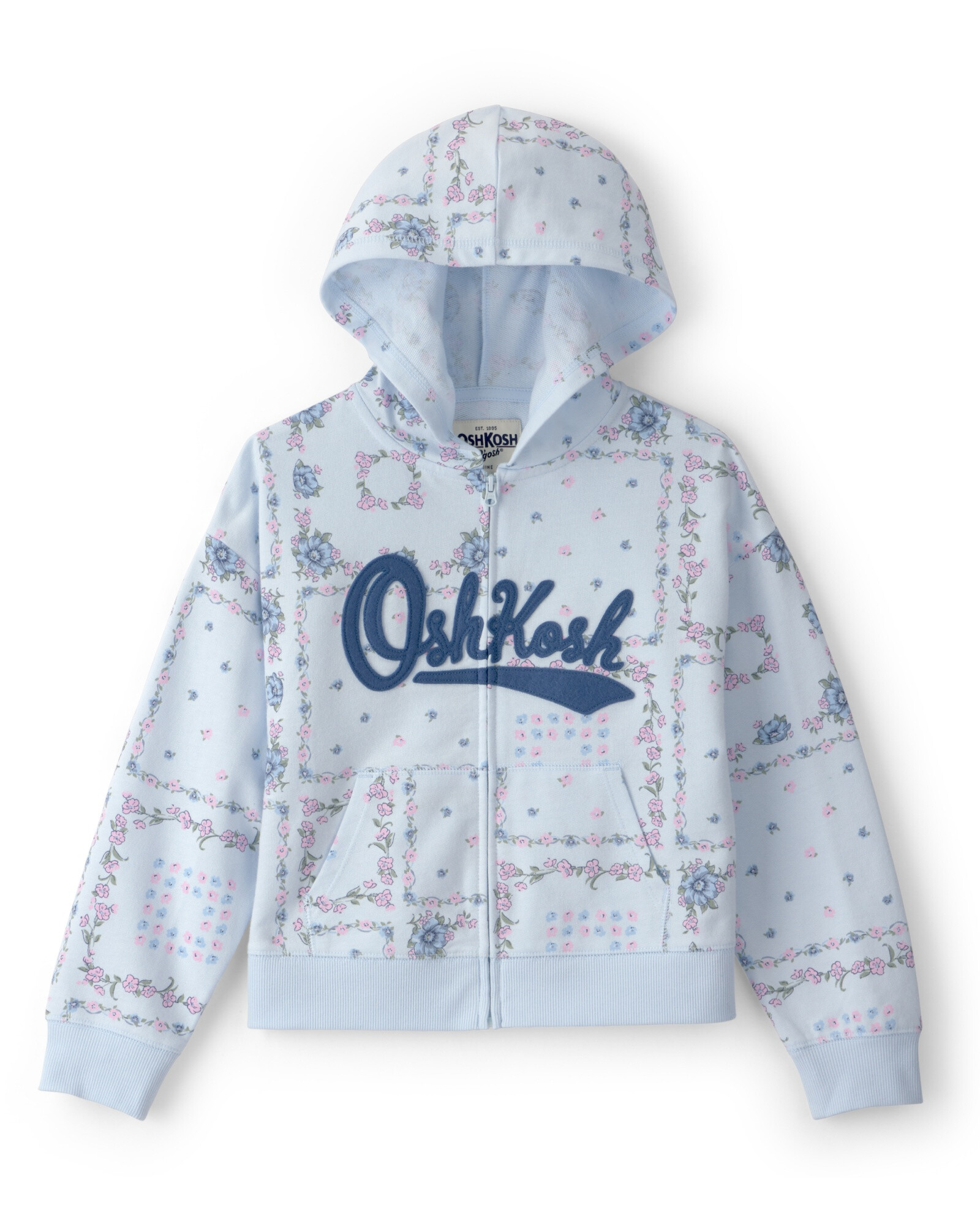 Campera de algodón, azul, con capucha y logo, diseño floral Sin color