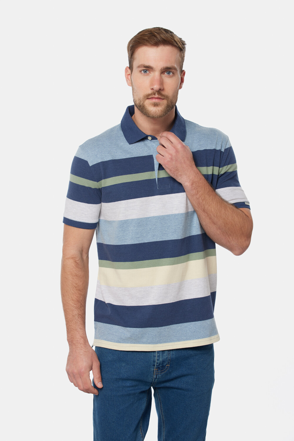 REMERA POLO JERSEY RAYADA Celeste