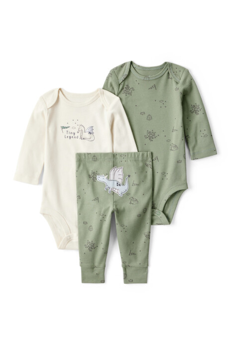 Set tres piezas de algodón, pantalón y dos bodies, diseño dragón Sin color