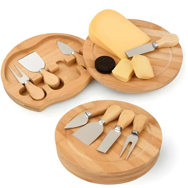 Set Picada 2 Tablas de Madera C/ 4 Accesorios para Quesos Diseño Madera