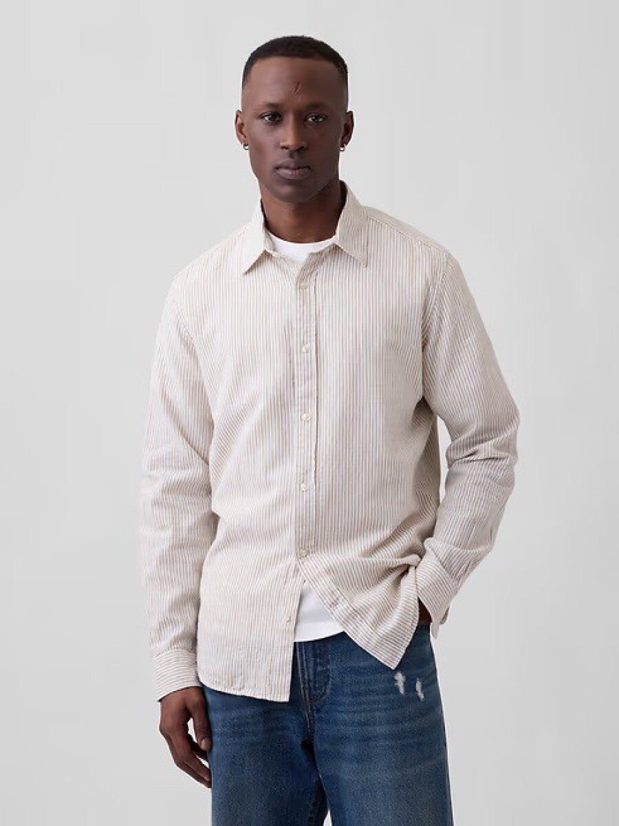 Camisa De Lino Hombre - White Khaki Stripe 