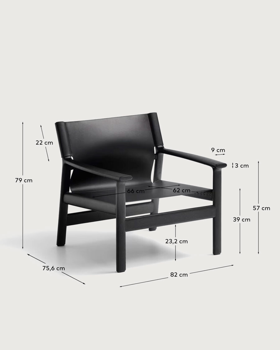 Butaca Jan de fibras de cuero reciclado reciclado negra y madera maciza de fresno con acabado negro FSC 100%