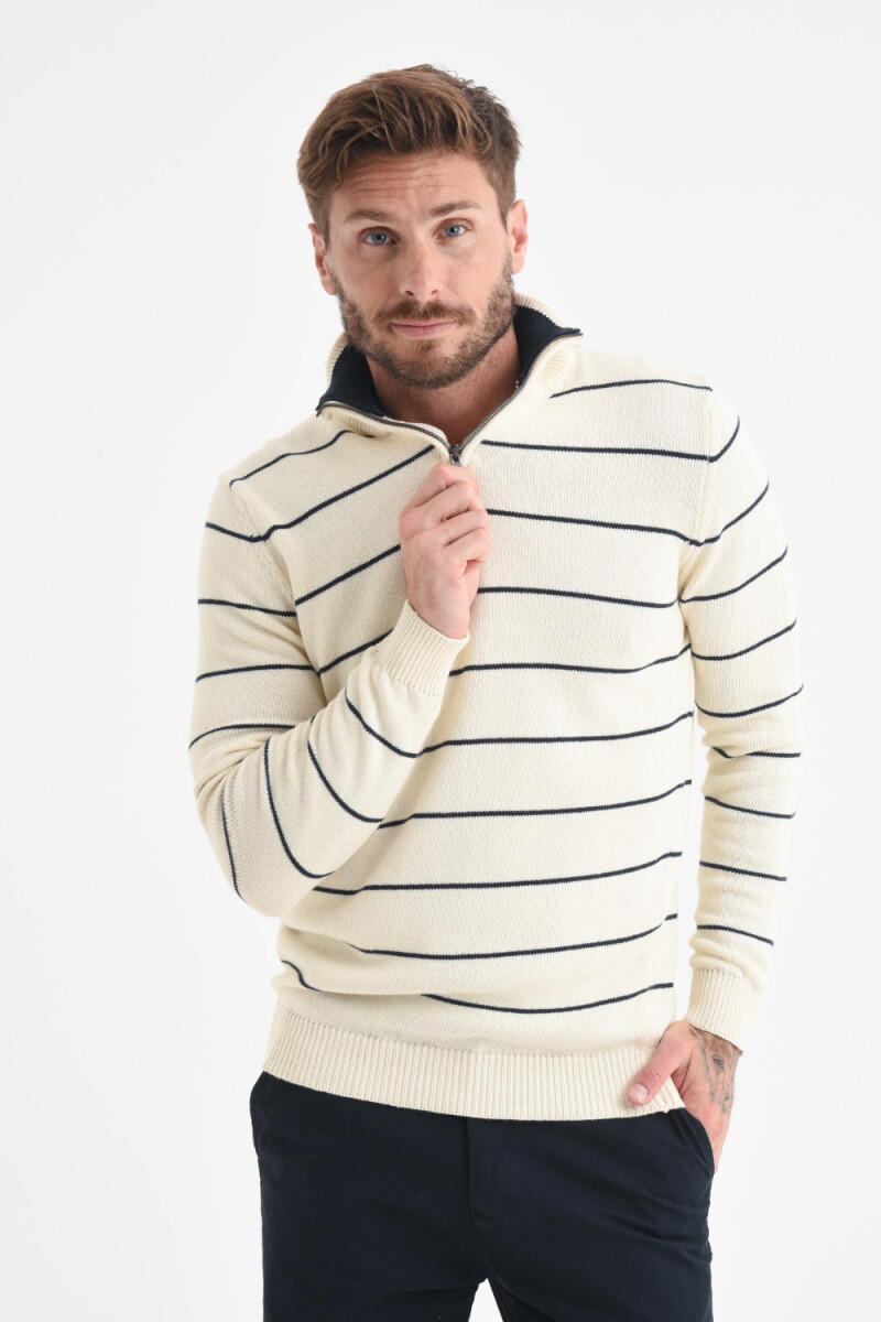 Sweater de punto medio cierre - Crudo a rayas 
