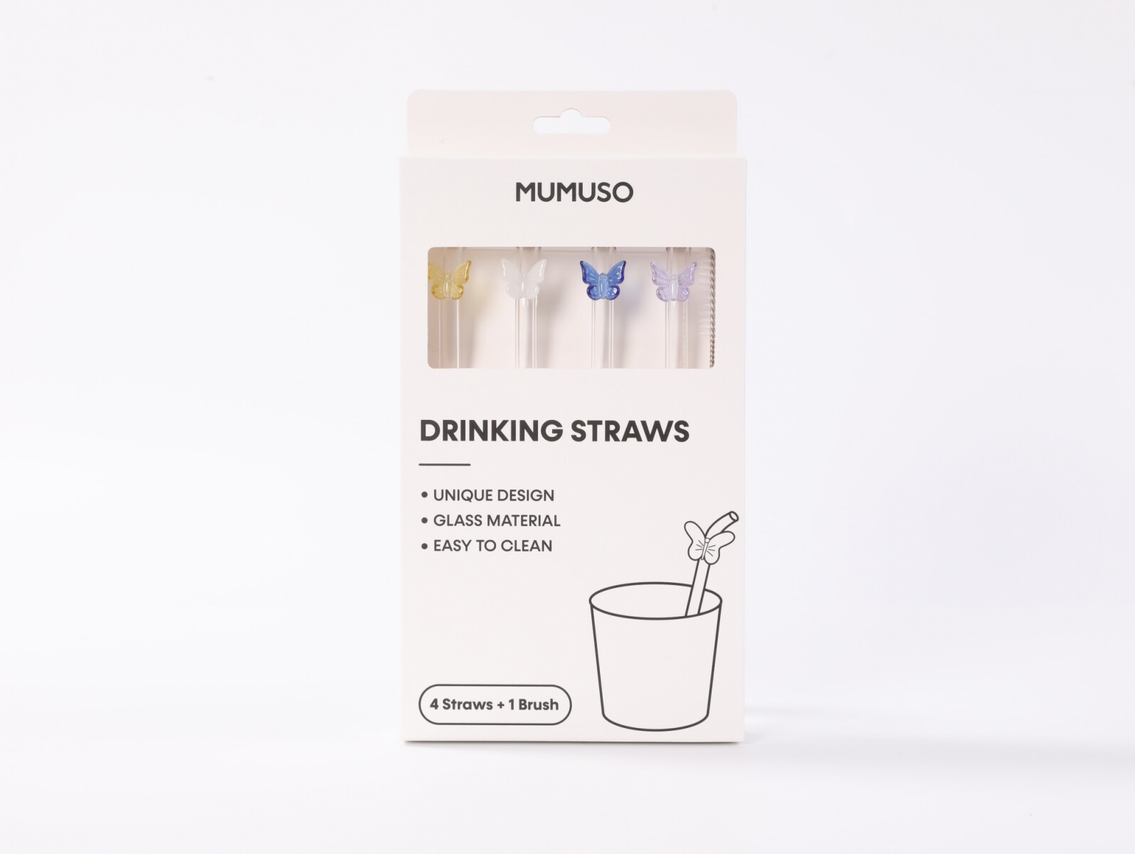 JUEGO DE 4 PAJITAS DE VIDRIO CON CEPILLO DE LIMPIEZA (MARIPOSA DE CRISTAL) 