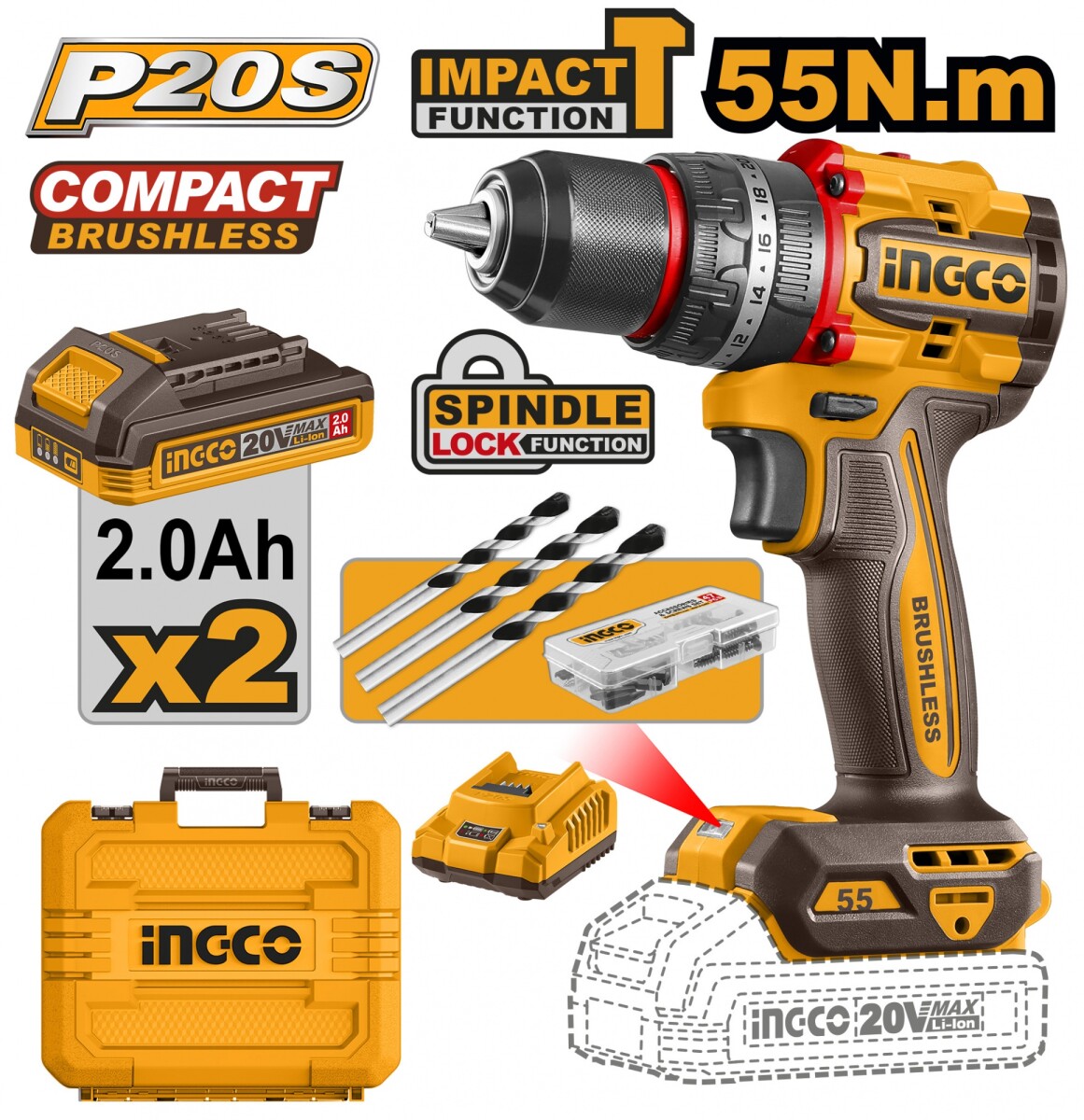ATORNILLADOR PERCUTOR COMPACT A BATERIA 20V P20S 55NM CON 2X2AH BAT VALIJA Y ME 