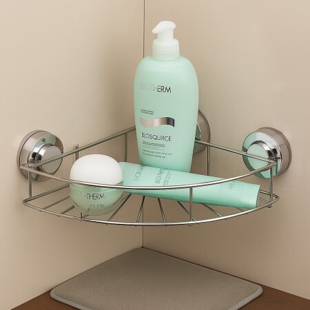 REPISA ORGANIZADOR ESQUINERO PARA BAÑO C/VENTOSA PLATEADO