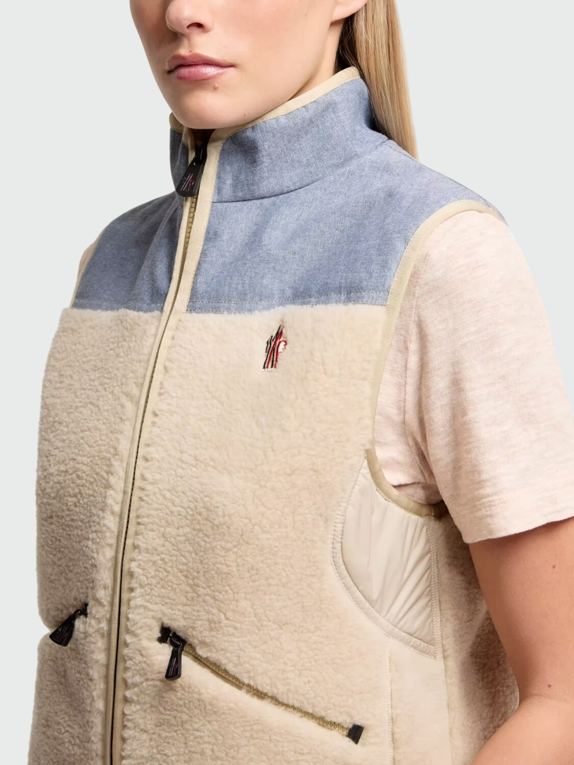 MONCLER - Chaleco de Peluche y Cambray Beige Claro