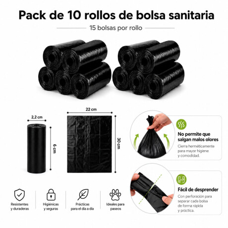 Pack 10 Rollos Bolsas Sanitarias Mascotas 150 Bolsas Negro