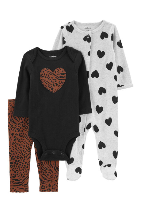 Set tres piezas pijama y pelele con pies más body de algodón Sin color