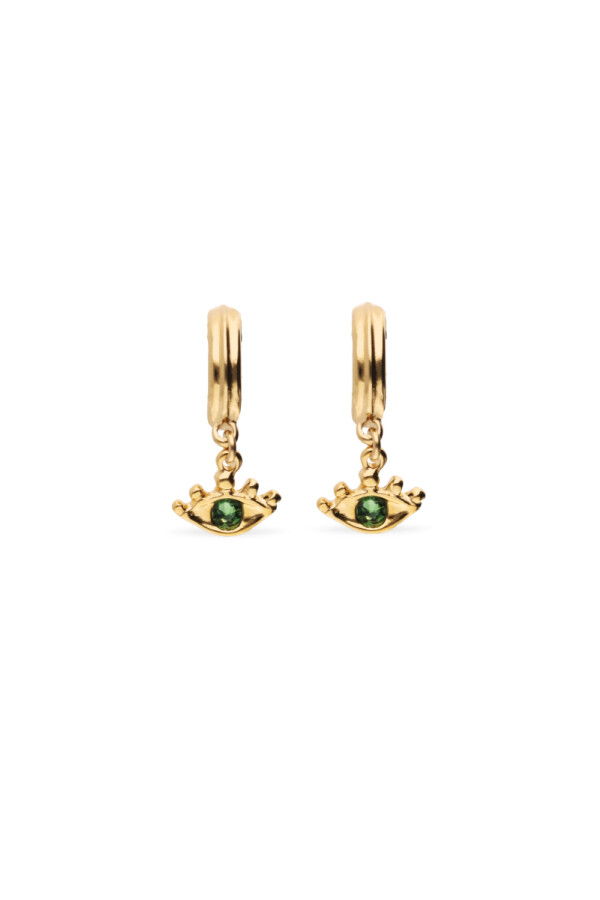 PENDIENTES DE ARO EN ALEACIÓN DE METALES BAÑADOS EN ORO 18K CON DETALLE DE OJO CON CRISTAL VERDE Pendiente