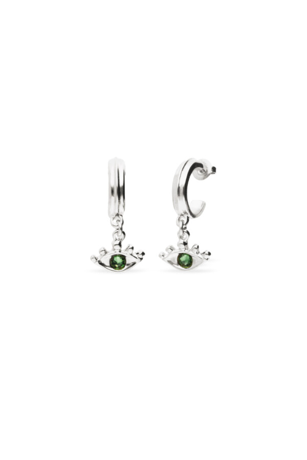 PENDIENTES DE ARO EN ALEACIÓN DE METALES BAÑADOS EN PLATA CON DETALLE DE OJO CON CRISTAL FACETADO VERDE Pendiente