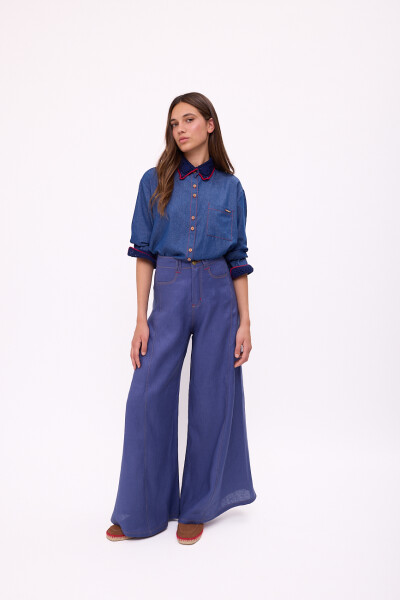 PANTALON WIDE XL LINEN SS26 Azul Piedra