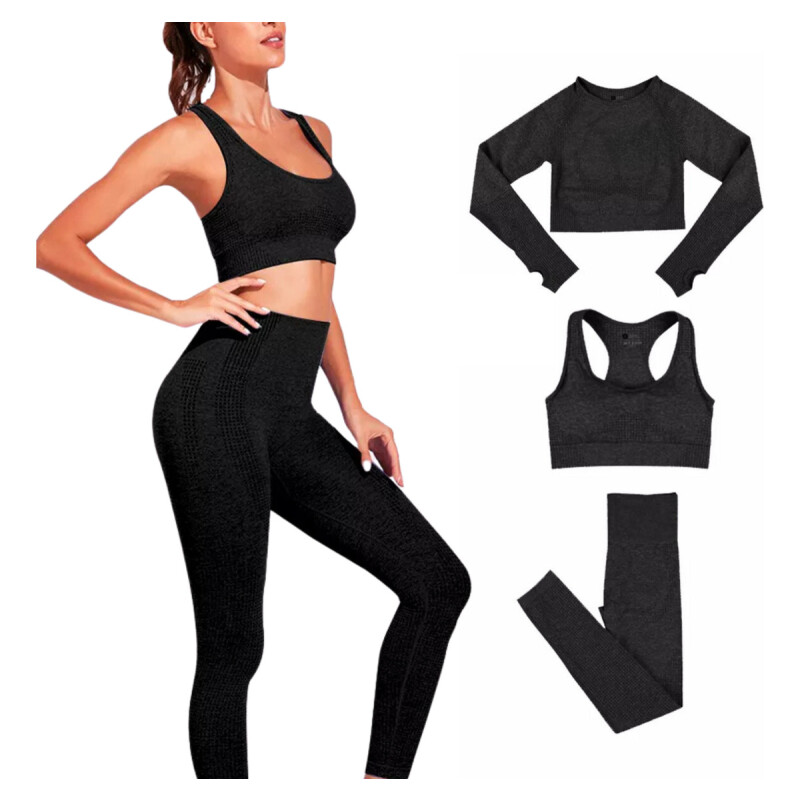 Conjunto Deportivo Dama X3 Piezas Calza Top Ejercicio Yoga Negro