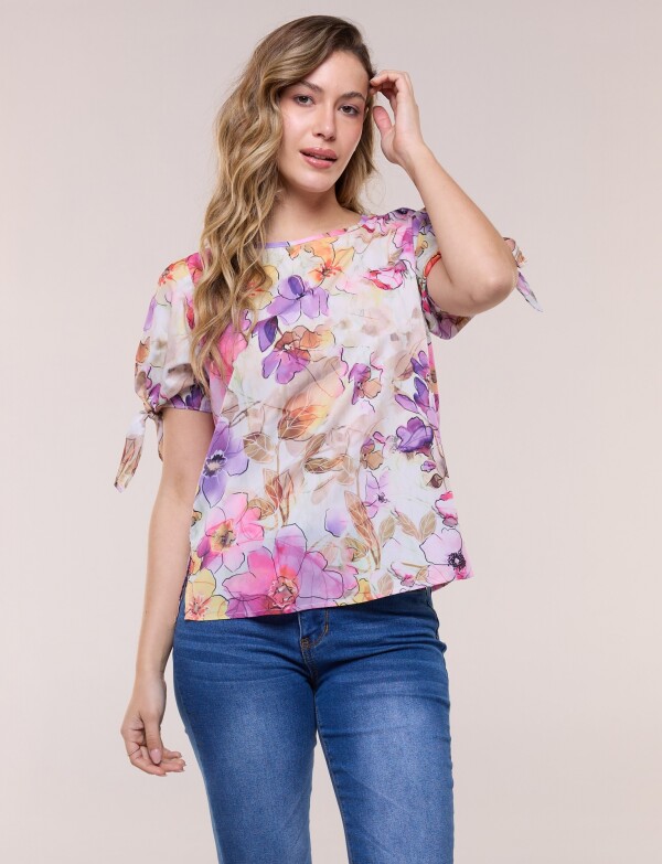Blusa Flores Acuareladas Con Mangas Con Lazos VIOLETA/MULTI
