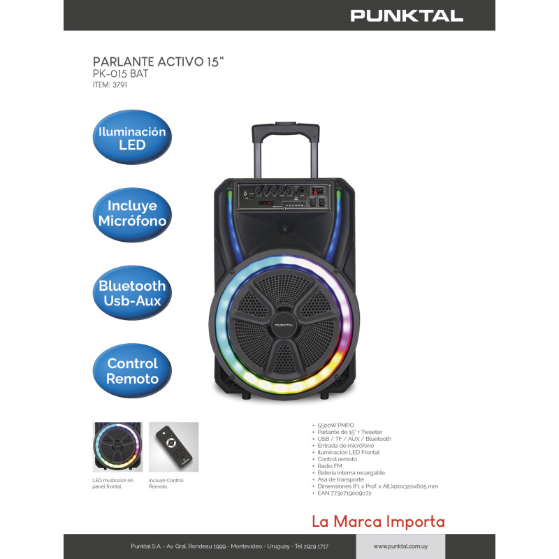 Parlante Activo PK-015 BAT 15" | Bluetooth | USB | Micrófono | LED | Batería Recargable Parlante Activo PK-015 BAT 15" | Bluetooth | USB | Micrófono | LED | Batería Recargable