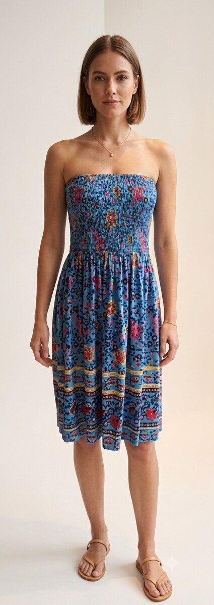VESTIDO STRAPLESS - AZUL ESTAMPADO 