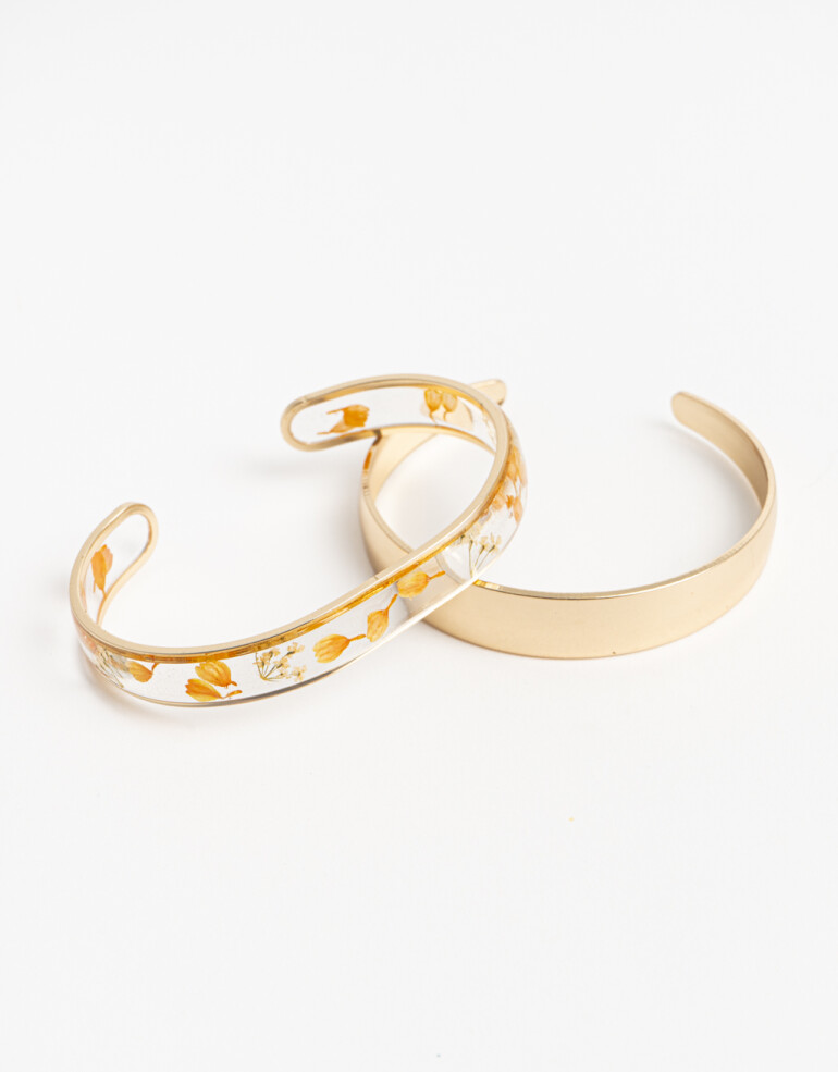 Pulseras Rígidas Sets Color Pulsera Rígida Set Metal Y Acrílico - Dorado