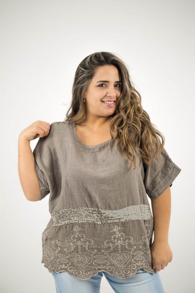 Blusa 100% lino con broderie y lentejuela - Visón 