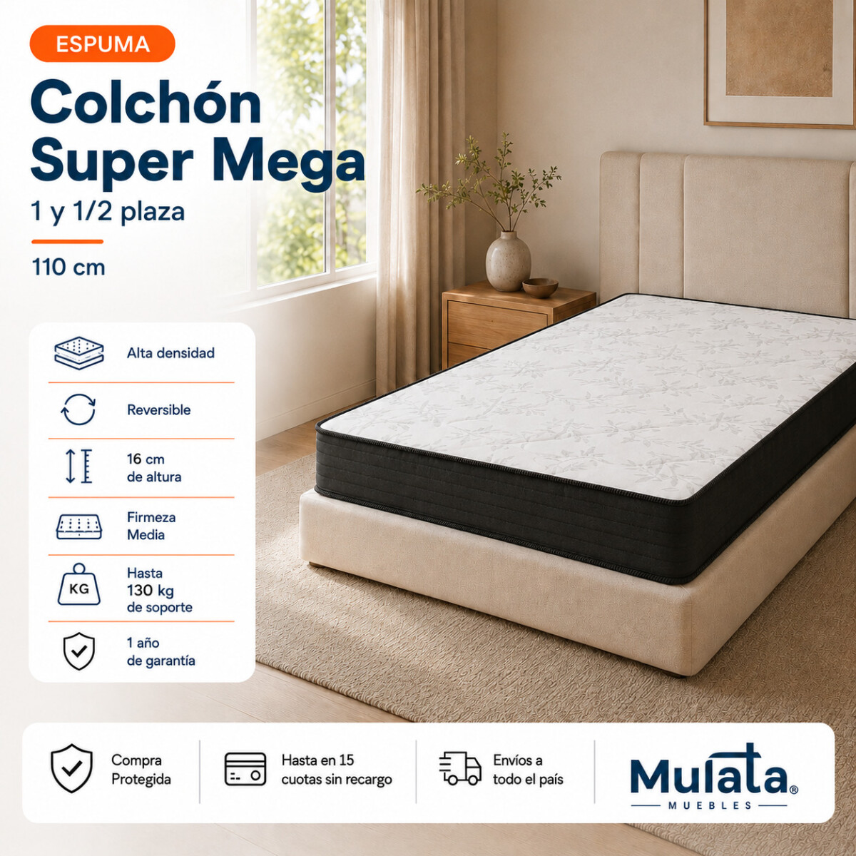 Colchon SUPER MEGA · Espuma · Reversible · 130 kg - 1y1/2 Plaza - 110 cm 