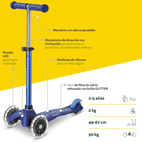 Monopatín Micro Mini Deluxe LED Ajustable con 3 Ruedas Azul
