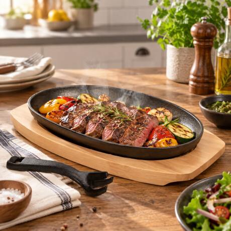 Plancha Grill Oval Hierro Base Madera Para Servir Grafito