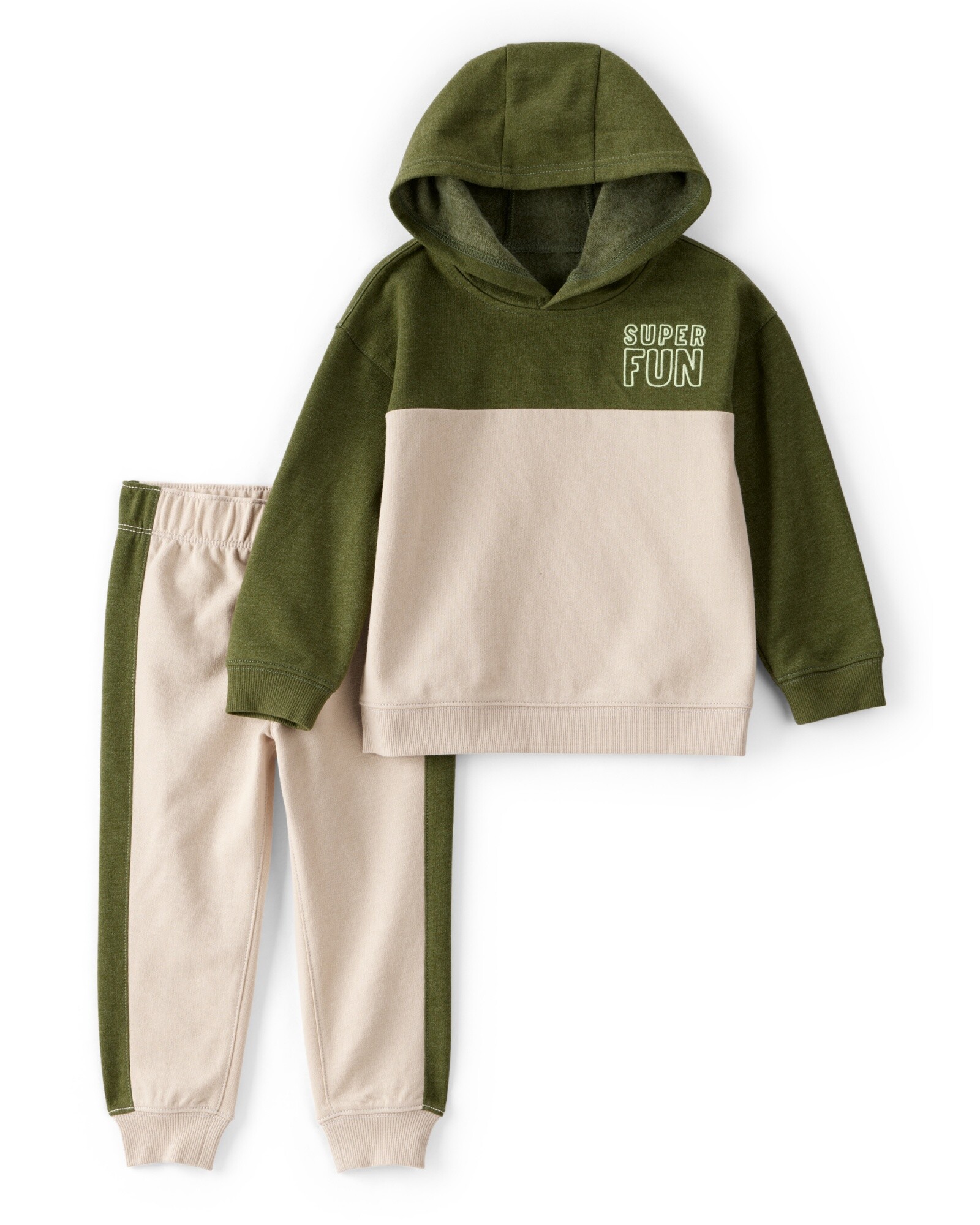 Set dos piezas de algodón, pantalón y buzo con capucha, diseño bloques de color verde y crema Sin color