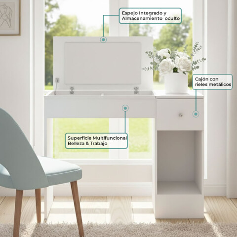 Tocador Escritorio con Espejo Blanco para Dormitorio | Mueble de Maquillaje Moderno Tocador Escritorio con Espejo Blanco para Dormitorio | Mueble de Maquillaje Moderno