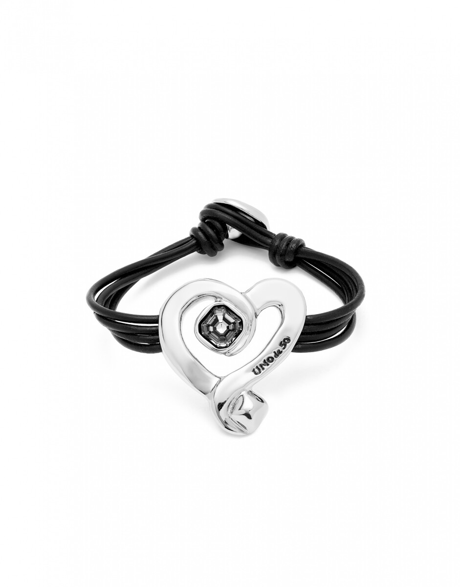 PULSERA DE CUERO CON CORAZÓN BAÑADO EN PLATA DE LEY CON CRISTAL NEGRO - Pulsera 