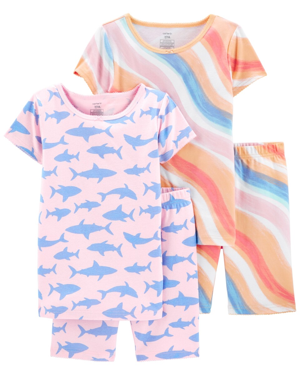Pijama cuatro piezas de algodón, dos remeras, dos shorts, diseño tiburones 
