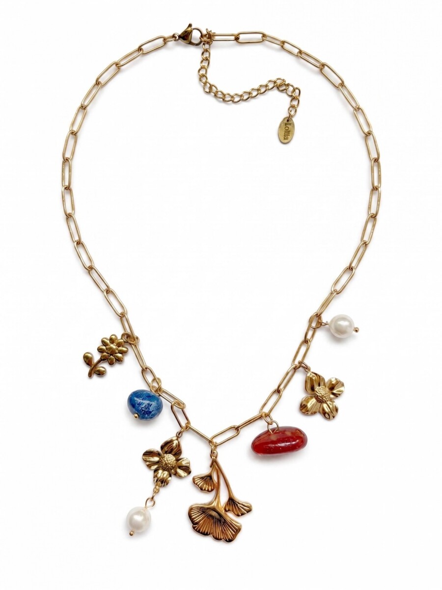 Collar de acero con piedras naturales y dijes - dorado 