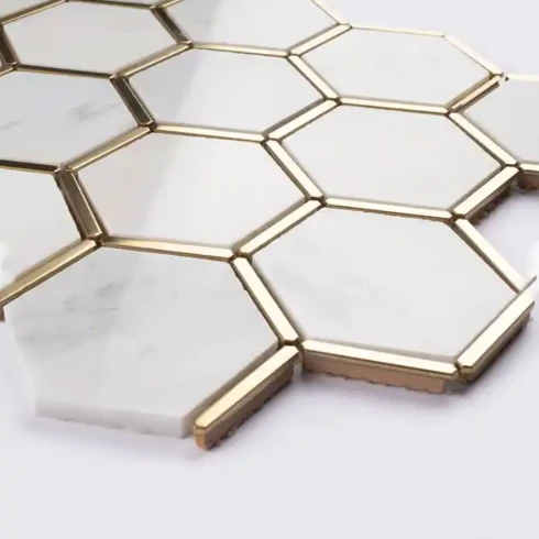 Mosaico Hexagonal Vidrio 28X41 Marmolado Con Bordes Dorados 000