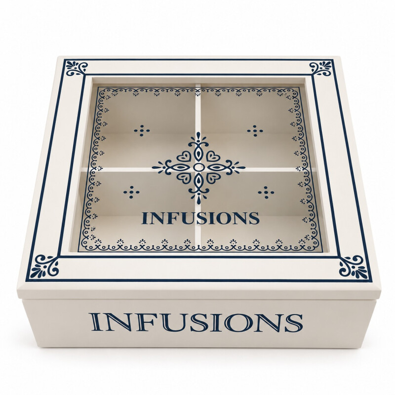 Caja para Sobres de Te Cuadrada con 4 Divisiones 18x18xh7cm Caja para Sobres de Te Cuadrada con 4 Divisiones 18x18xh7cm