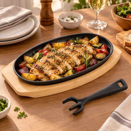 Plancha Grill Oval Hierro Base Madera Para Servir Grafito