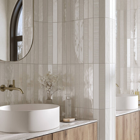 CERAMICA PARA PARED 5.3X43 TIPO BRICK BEIGE BRILLO DECORADO RANURADO ELIANE GAMAS DE BEIGE
