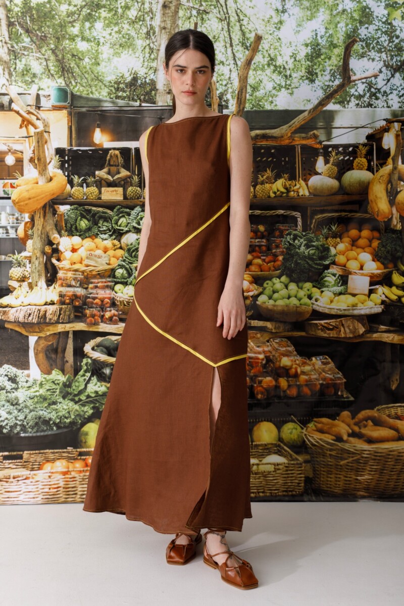 VESTIDO TRAZOS Chocolate Y Amarillo