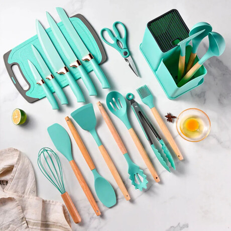 Set Utensilios Cocina 19Pz + Escurridor Ac.Inox Sobre Mesada Turquesa