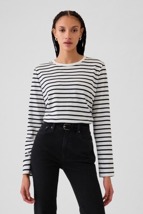 Remera Manga Larga Mujer White Black Stripe