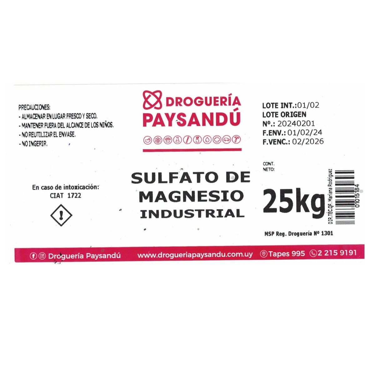 Sulfato de Magnesio Industrial 25 kg 