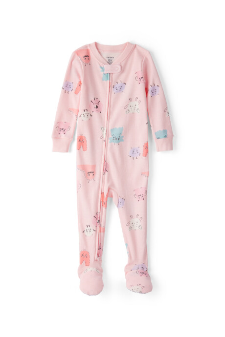 Pijama una pieza de algodón, con pie, rosado, diseño monstruos Sin color