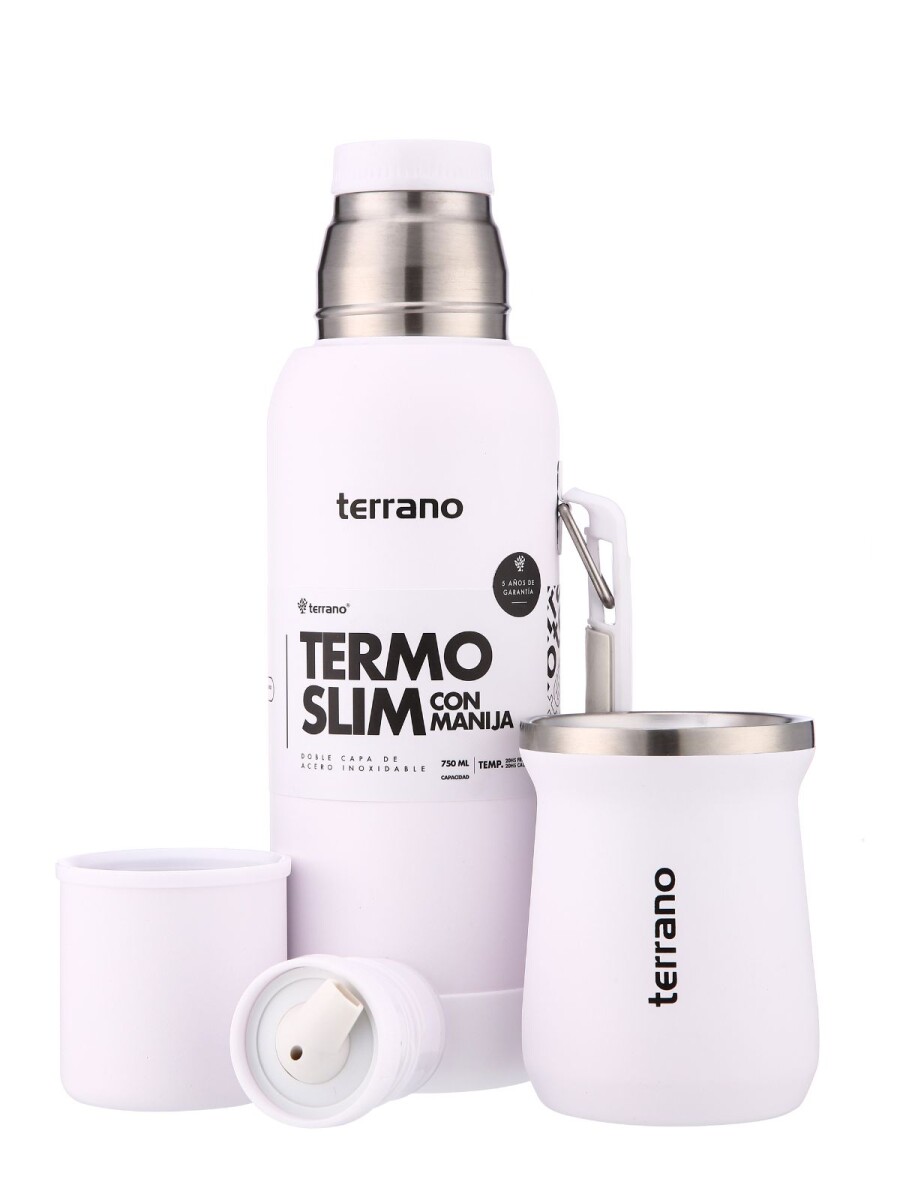 Kit Termo 750mL. Slim Con Base De Silicona + Mate De Acero Tradicional - Blanco 