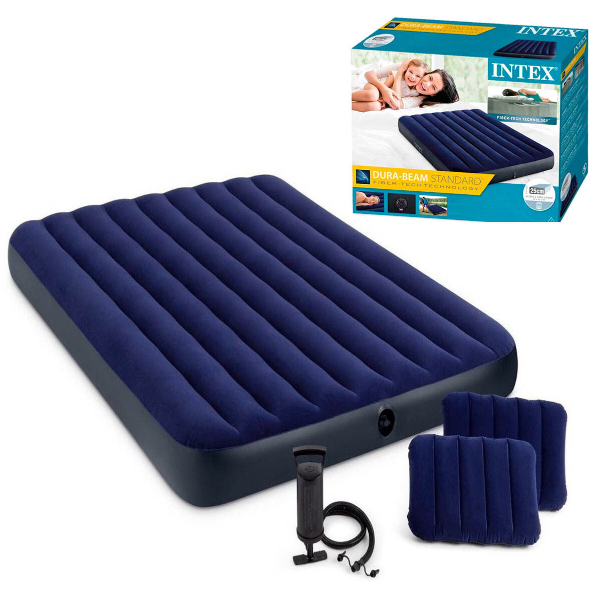Colchón Inflable Intex 2p Camping +almohada +inflador - azul 