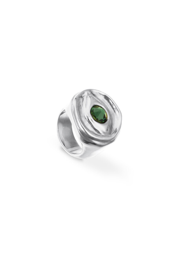 ANILLO TIPO SELLO EN ALEACIÓN DE METALES BAÑADO EN PLATA DE LEY EN FORMA DE OJO CON CRISTAL FACETADO VERDE Anillo
