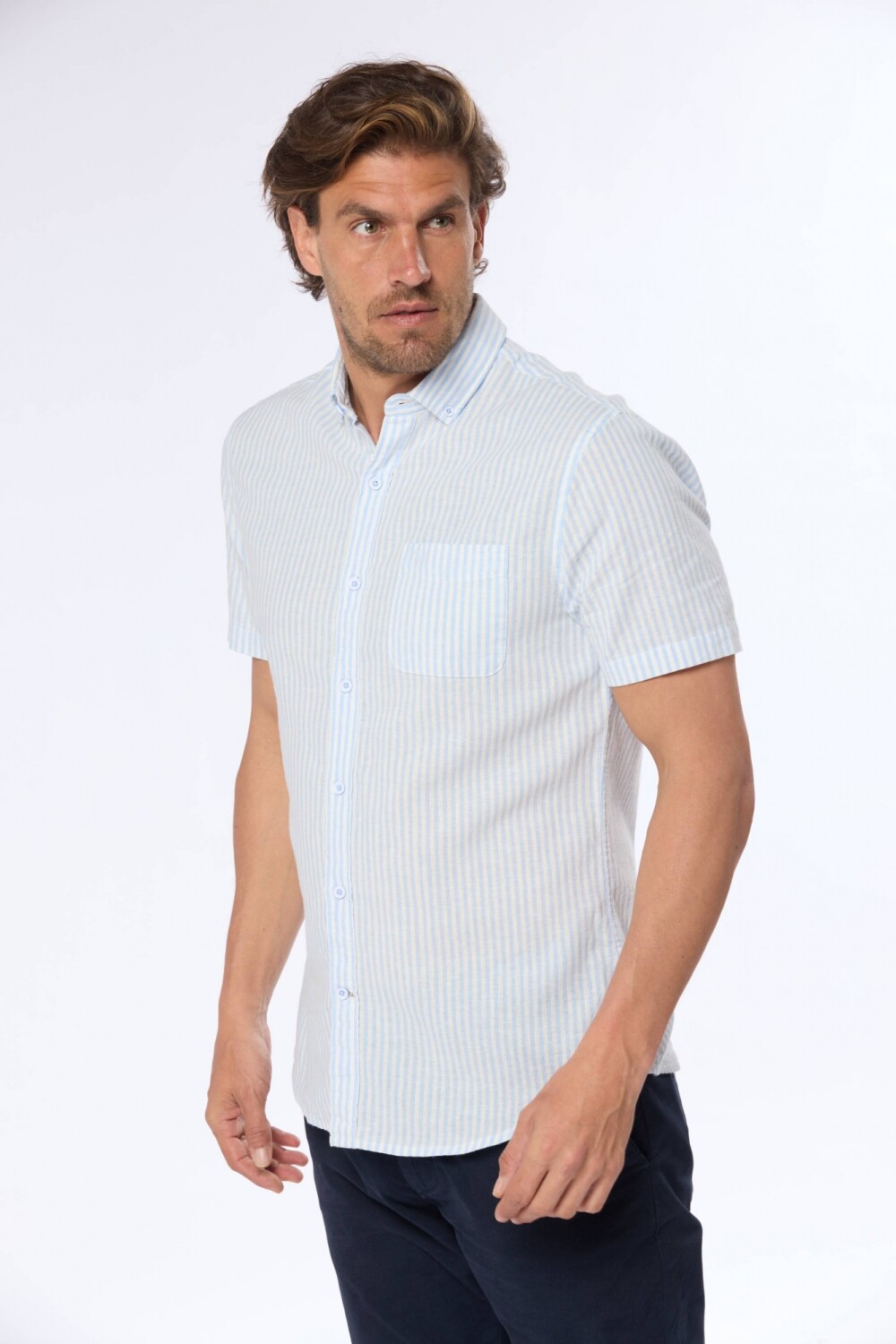 CAMISA DE LINO RAYADA Azul