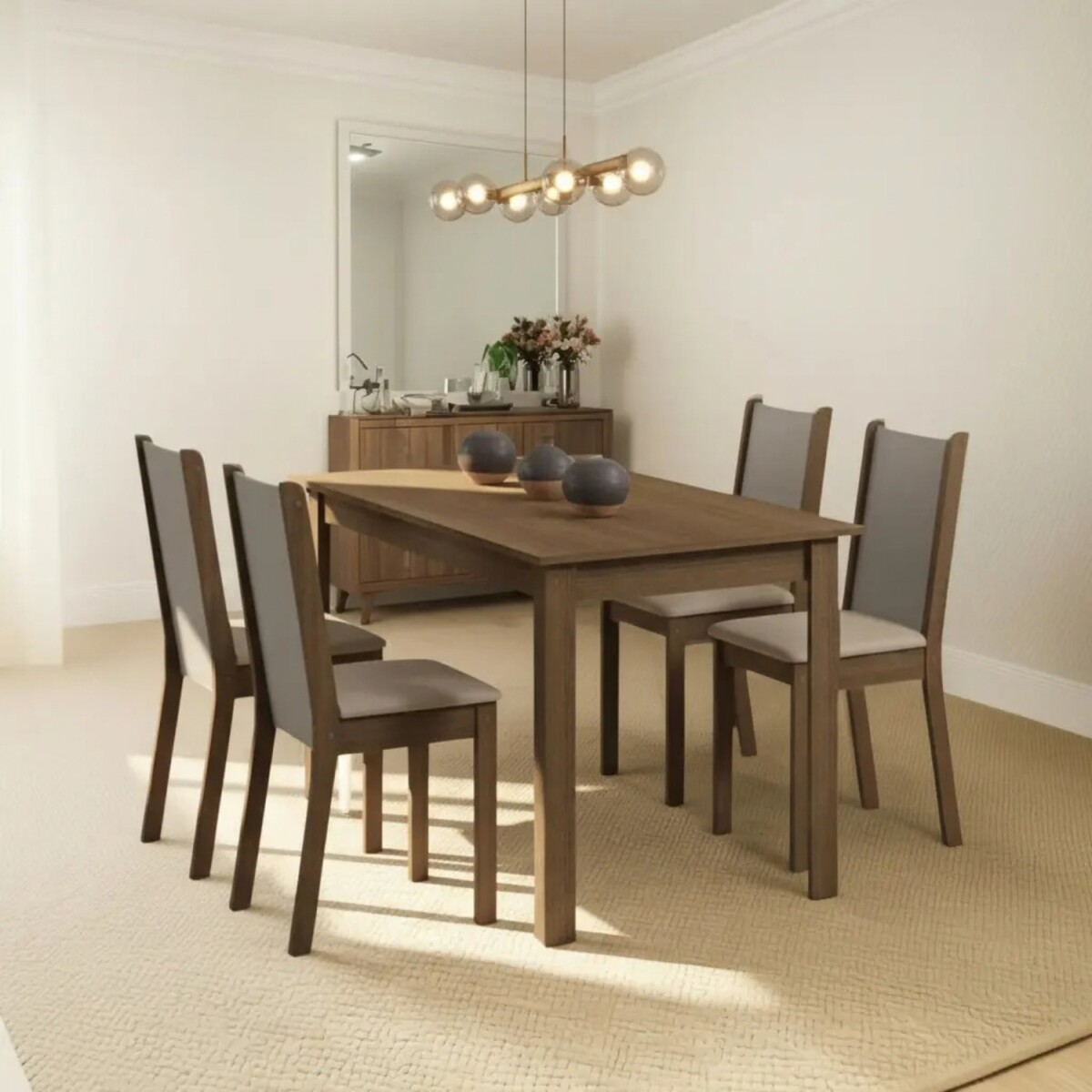 Juego de comedor con mesa de madera y 4 sillas rústicas/sintéticas 