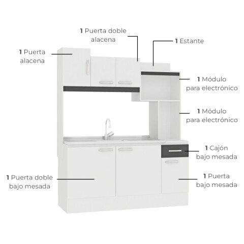 Kit de cocina compacta 6 puertas 1 cajón Patas Ajustables y Rieles Metálicos 150 x 50 x 190 cm Blanco