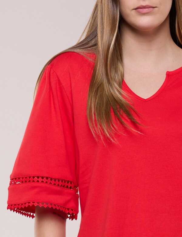 Remera De Algodón Con Detalles De Puntilla ROJO