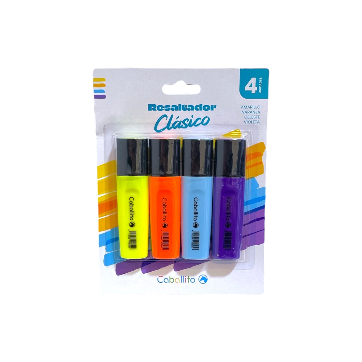 Resaltador Caballito x 4 Clasicos - Amarillo, Naranja, Celeste y Violeta 