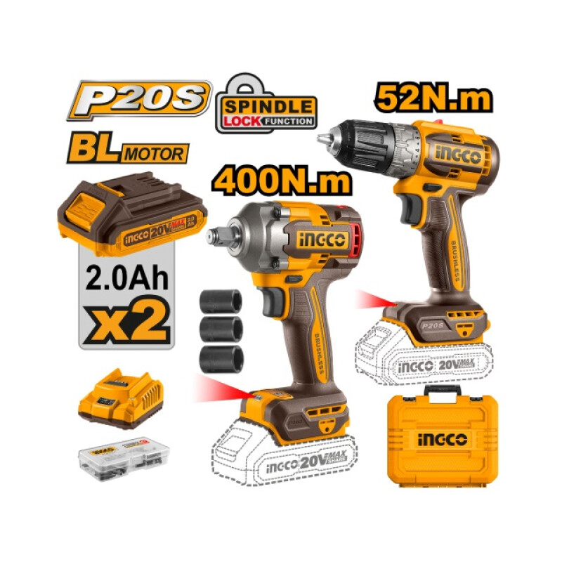 SET LLAVE IMPACTO 20V 400NM + ATORNILLADOR 20V 52NM C 2BAT CARG Y VALIJA INGCO C SET LLAVE IMPACTO 20V 400NM + ATORNILLADOR 20V 52NM C 2BAT CARG Y VALIJA INGCO C